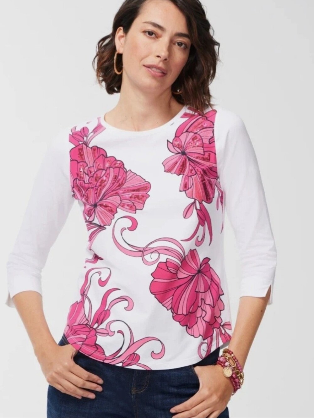 Chico's Cotton Kabash Pink Floral Embellished Perfect Tee 3/4 Sleeve